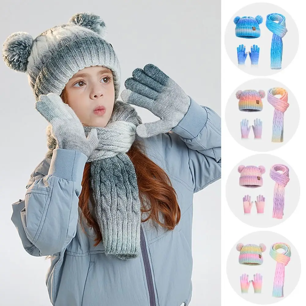 

3pcs Set of Anti Cold Winter Hats Scarves Gloves Ear Protection Gradient Color Knitted Hat Scarf Outdoor Keep Warm Cap