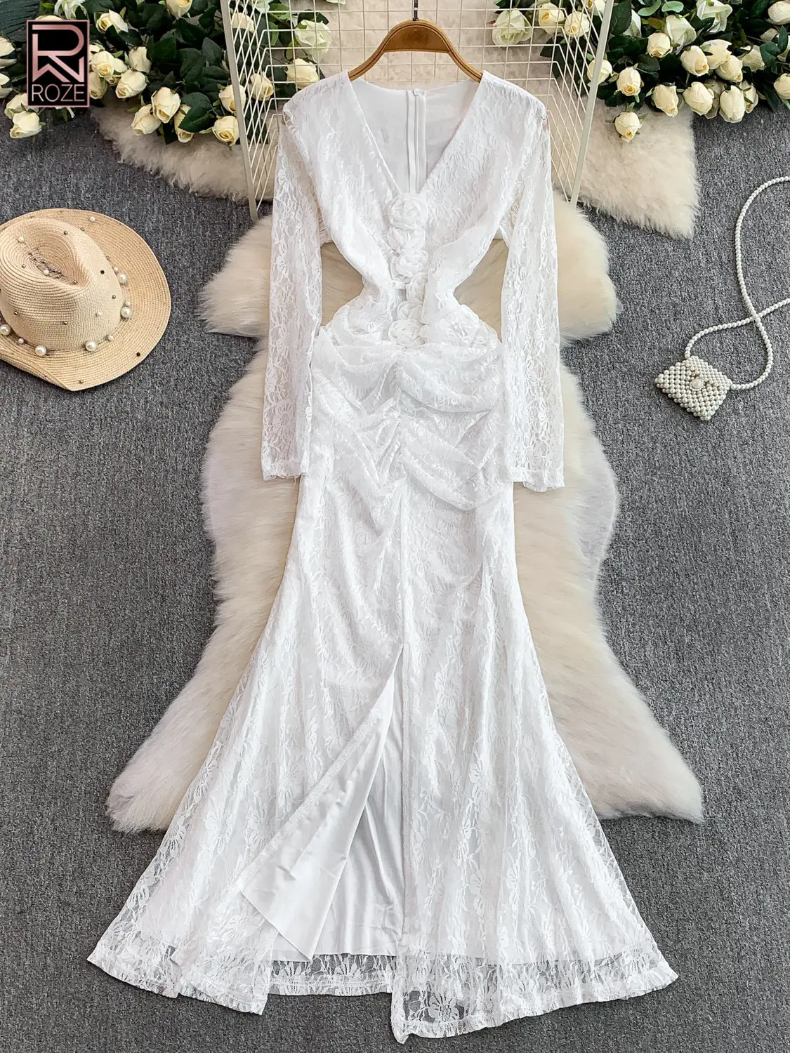 

Элегантное французское платье с 3D цветочным узором и V-образным вырезом для женщин, весна-осень, сексуальное кружевное платье с завышенной талией и изящным разрезом, вечернее платье