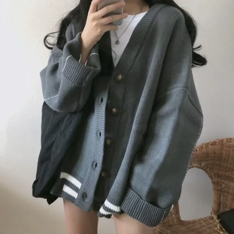 

Loose Women's Knitted V-neck Sweater Spring Autumn Korean Style Student Fashionable Lazy Style Cardigan Top Outerwear