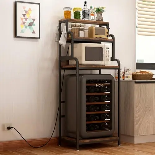 Bakers Rack with 4-Tier Mini Adjustable Shelves and Power Outlet, Heavy-Duty Metal Frame Kitchen Shelf Organizer, Mini