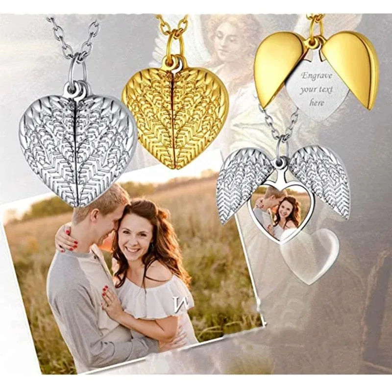 Custom Photo Heart Locket Necklace Personalized Picture Angel Wings Locket Necklace Customized Text Name Men Momen Jewelry Gifts