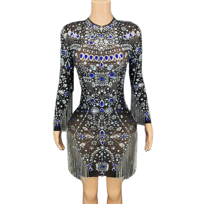 

Rhinestone Women Sparkly Chains Black Mesh Short Dress Prom Party Outfit Show Costume