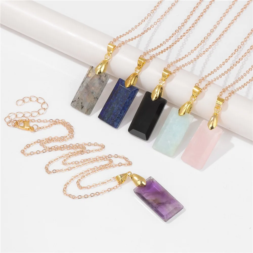 Natural Amethyst Necklace Faceted Rectangle Slice Pendant Necklaces Reiki Healing Yoga Necklace for Women Female JewelryNecklace