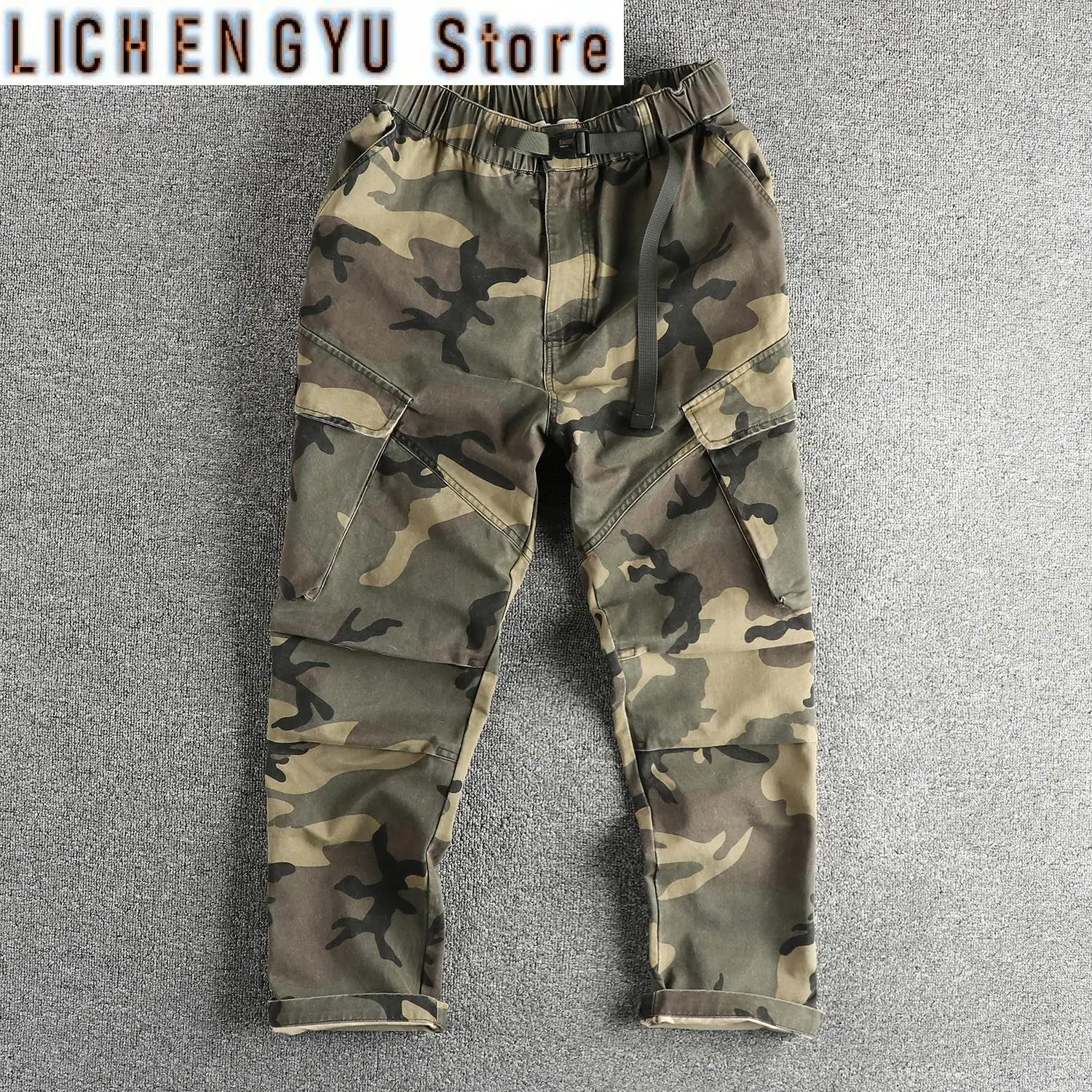 ฤดูใบไม้ร่วงใหม่อเมริกัน Retro ทอ Camouflage กางเกงผู้ชายผ้าฝ้ายล้างเอวยางยืดหลวมสบายๆตรงกางเกง