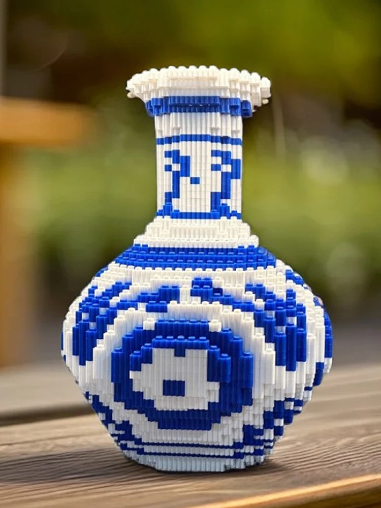 Vase en porcelaine bleue et blanche de Style chinois, 28cm, Puzzle, bloc de construction, jouets éducatifs pour garçons, cadeau en brique pour enfants
