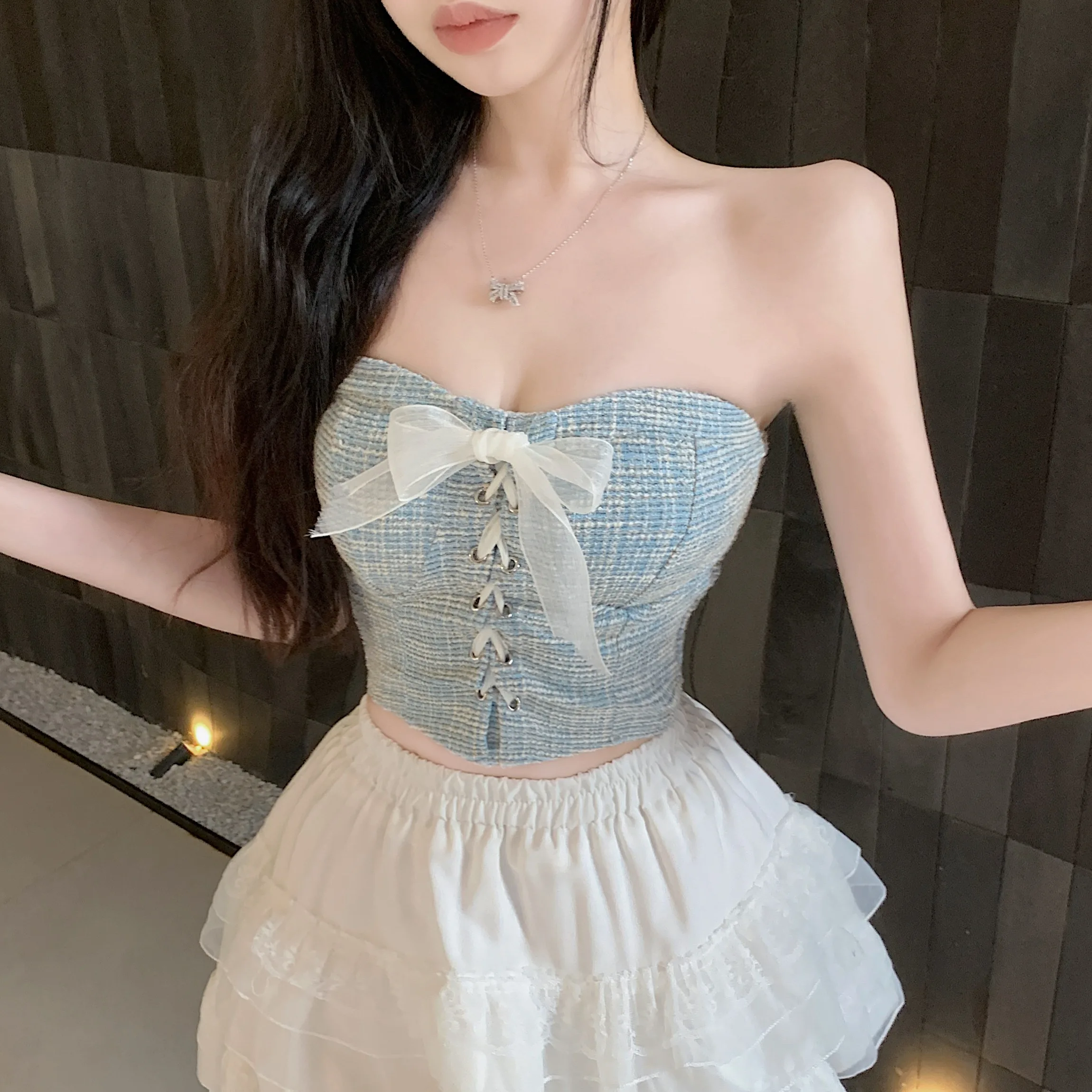 

Корейский летний топ-бандо с узлами и кружевом на одно плечо для женщин, сексуальный, в тайском стиле