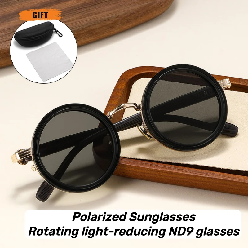 

Fashion ND9 Adjustable Polarized Sunglasses Wood-grain Temple Men's Rotating Dimming Round Frame Glasses Classic Driving Shades