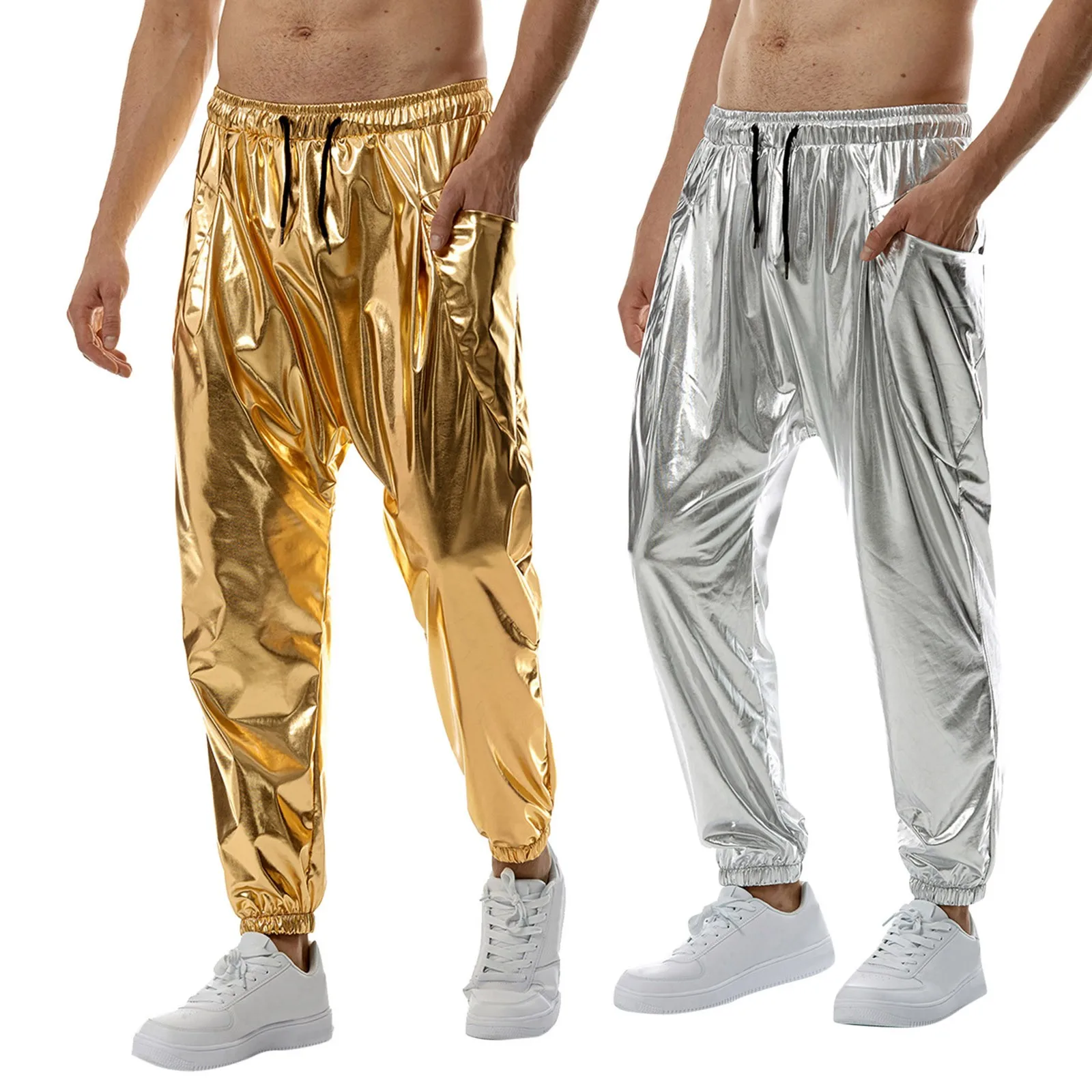 

Shiny Gold Metallic Jogger Sweatpants for Men Hip Hop Casual Pocket Cargo Trousers Disco Dance Party Festival Prom Streetwear