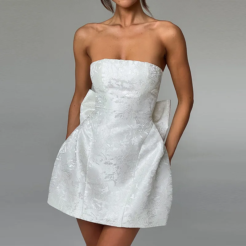 

Backless Bow Sexy Mini Dress For Women Fashion Off-shoulder Strapless Sleeveless Bodycon Club Party Dress Elegant