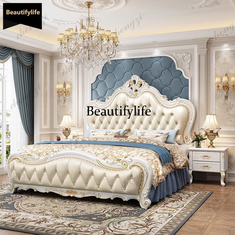 

Q181 European Double Bed Wooden Design Leather Queen Bed Simple Luxury Bedroom Princess Safe Letto Matrimoniale Trendy Furniture