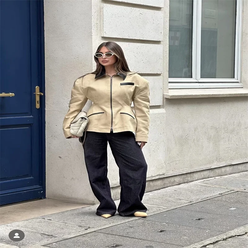 

Summer Ins Sle Irregular Leather Splicing Waist-Cinching Long Sve Woven Outerwear Women's Busin Suit Polyester Nylon