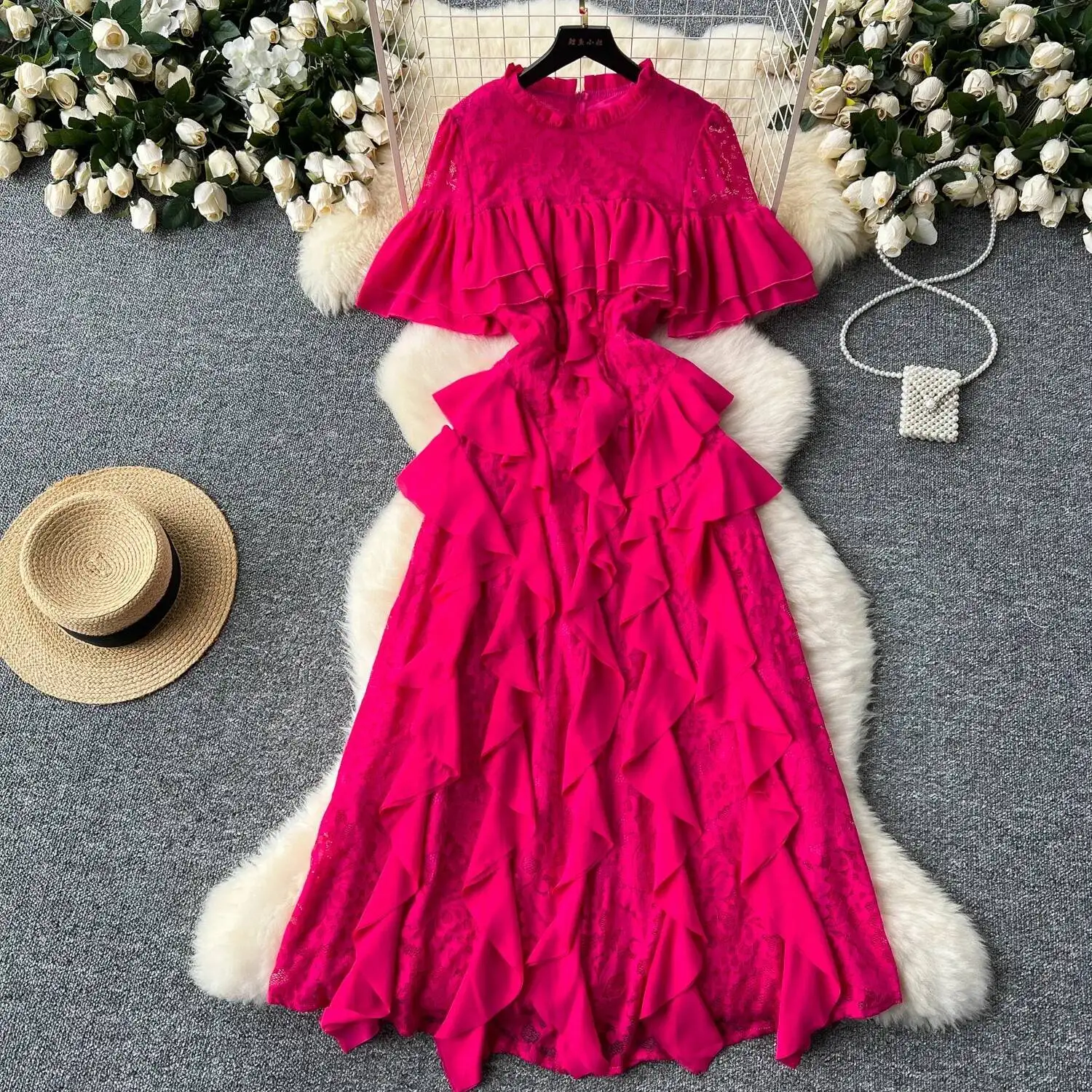 ヴィンテージエレガントなoネックパッチワークレースフリルフレアスリーブ甘いドレス女性の基本ファッション夏春ドレス