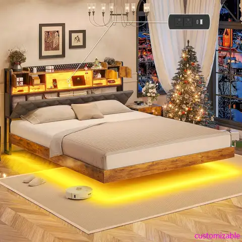 alifornia King Bed Frames, Floating Bed Frame with Storage Headboard & LED Lights, California King Size with Storage Headboard