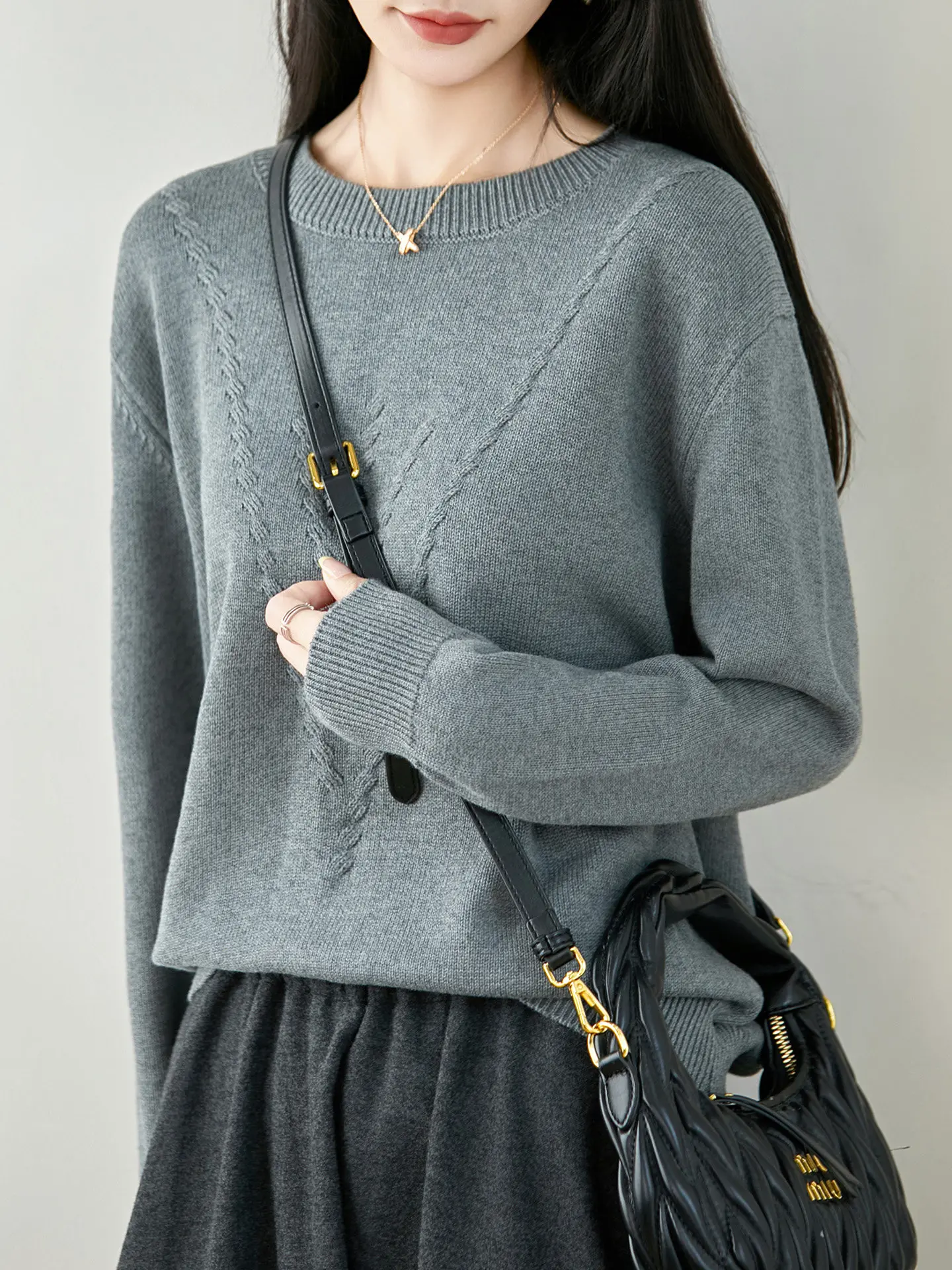 Ladies' Pure Cotton Knitted Sweater Long Sleeve round Neck Warmth Casual Style Fleece Lined Inner Wear Base Shirt Top