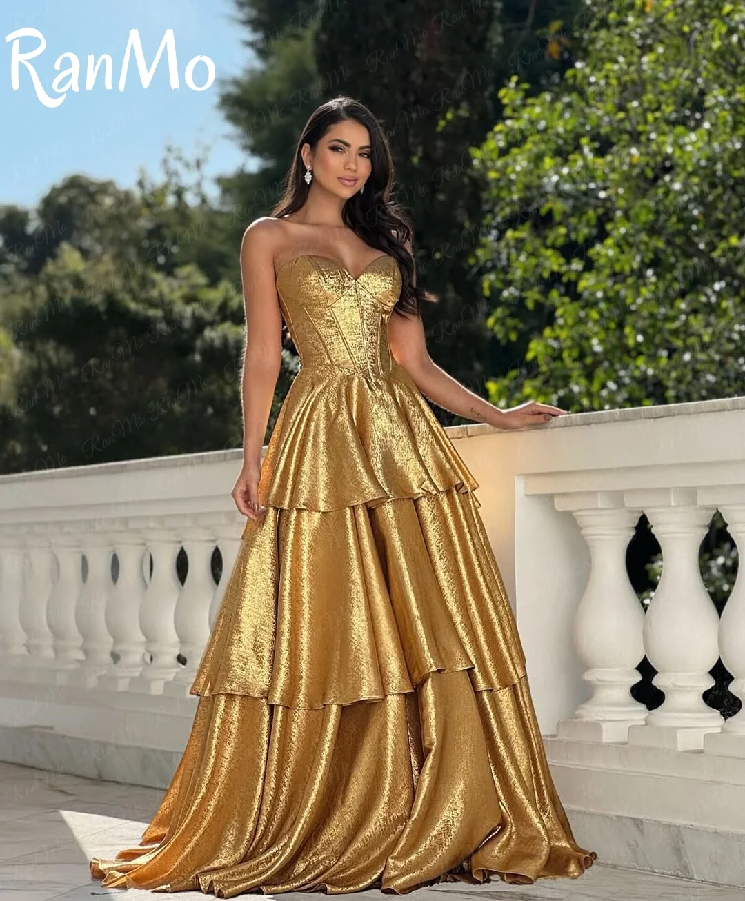 Ranmo New 2025 Customized Modern Golden A Line Wedding Party Dress Sweetheart Sleeveless Evening Gown Layered Vestido De Novia