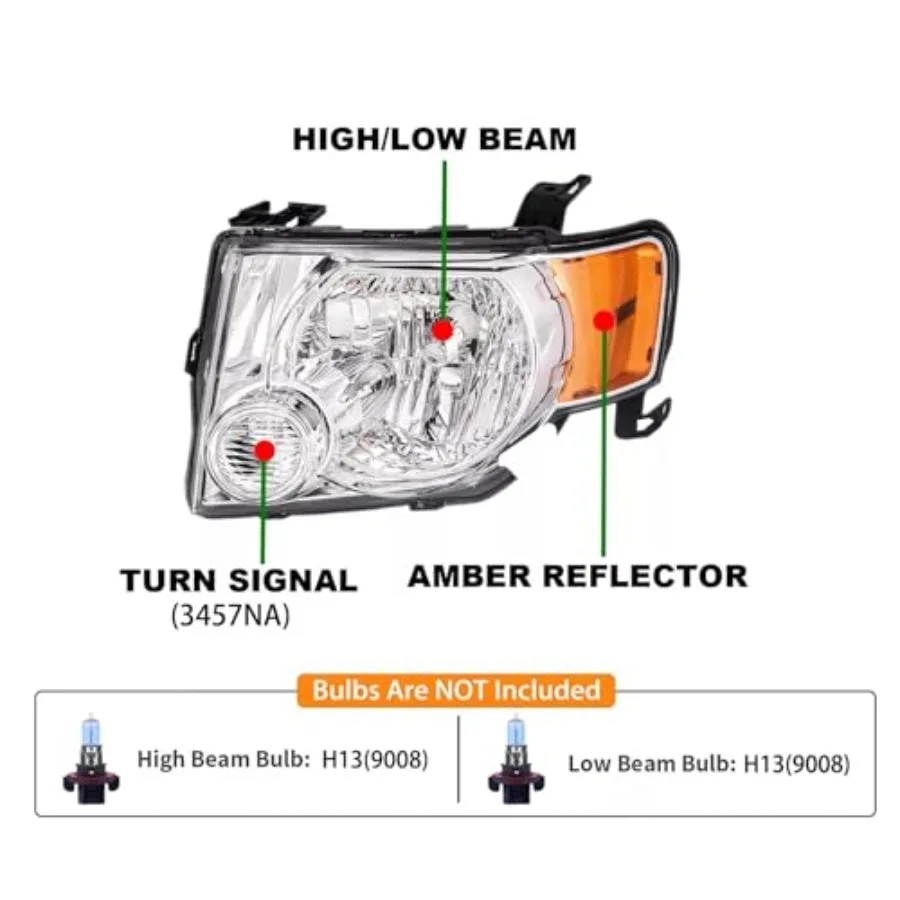 ชุดไฟหน้าพร้อมกรอบโครเมียมและแผ่นสะท้อนแสงสีเหลืองอำพันสำหรับรถ Escape ปี 2008-2012 ดีไซน์เลนส์ใส เพิ่มการมองเห็นและโหมดการใช้งาน