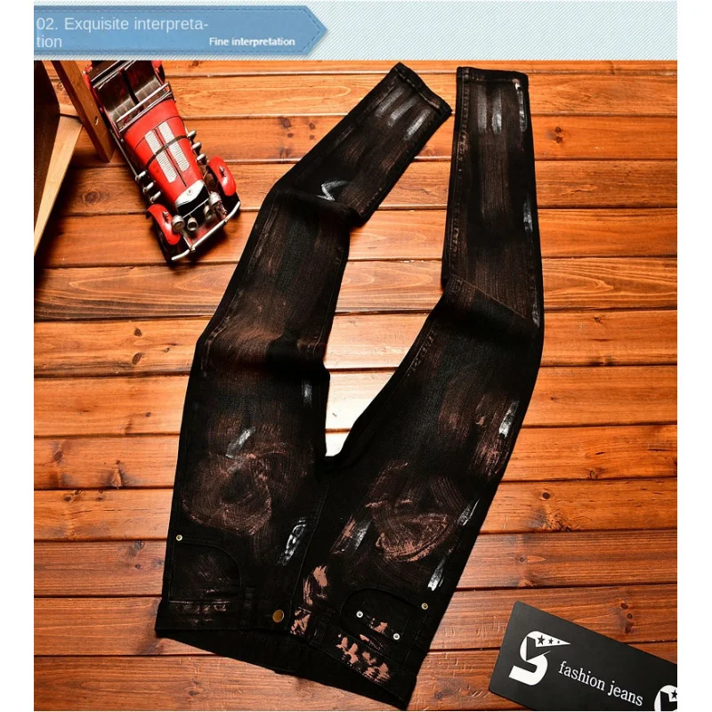 2025 الخريف الجينز الأسود الرجال النافثة للحبر الكتابة على الجدران المطبوعة الشارع ملابس للرجال الاتجاه الحنين الراقية الرجعية الدنيم السراويل #2