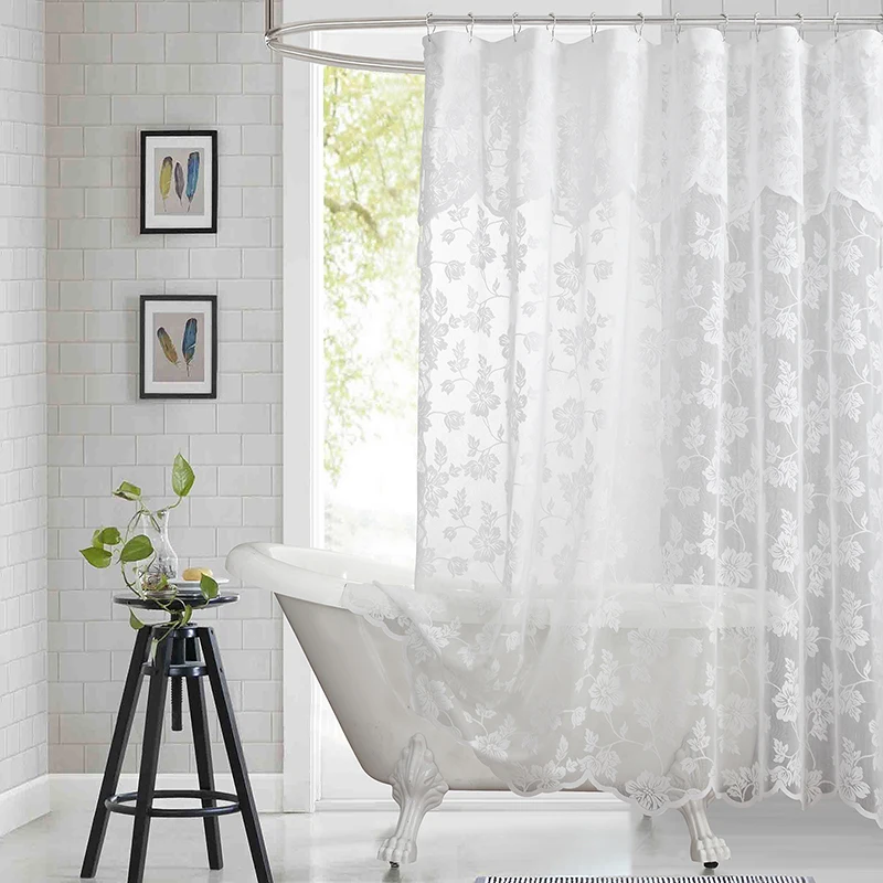 

European Lace Hollow-Out Waterproof Shower Curtain, Polyester Fabric with Wave Edge & Tassels, Decorative Sheer Bathroom Bathtub