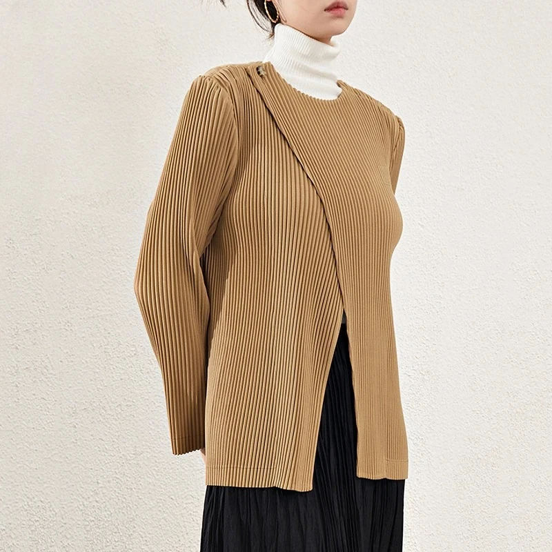 

Women Blazer Chic Casual Round Collar Long Sleeve Pleated Cardigan Coat Tops High-End Design Irregular Button Jacket