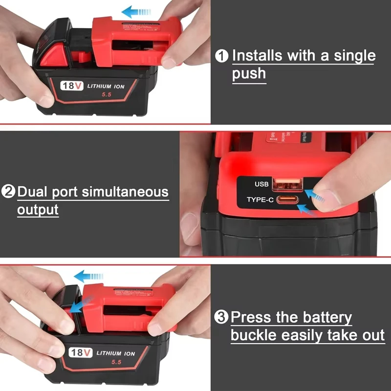 NEUES Powerbank-Ladegerät für Milwaukee 18 V Lithium-Akku mit USB mit Typ-C zum Aufladen von Laptop-Handys (keine Batterie) – Detail 8