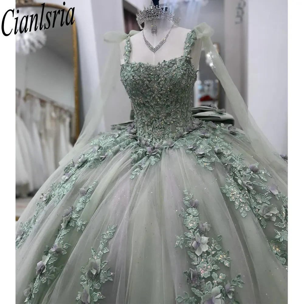

Mint Green Spaghetti Strap Beading Bow Ball Gown Quinceanera Dresses 3D Flowers Appliques Lace Sweet 16 Vestido De 15 Anos