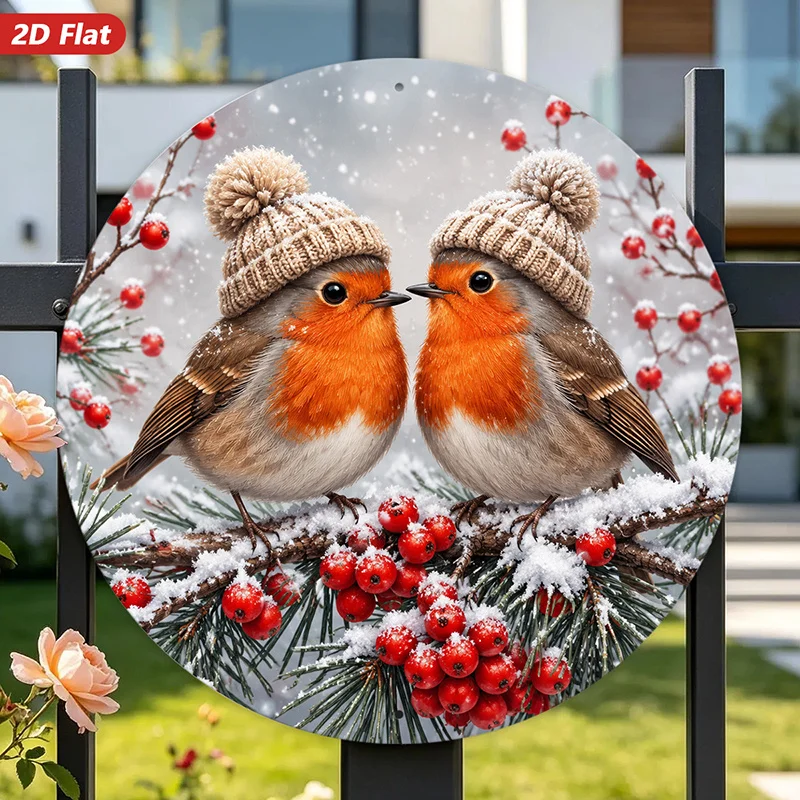 2D Flat, 1pc Round Metal Sign Wall Art, Christmas Home Decor, Winter Birds Art, Snowy Scene, Berries Design, - Hat Elements, for