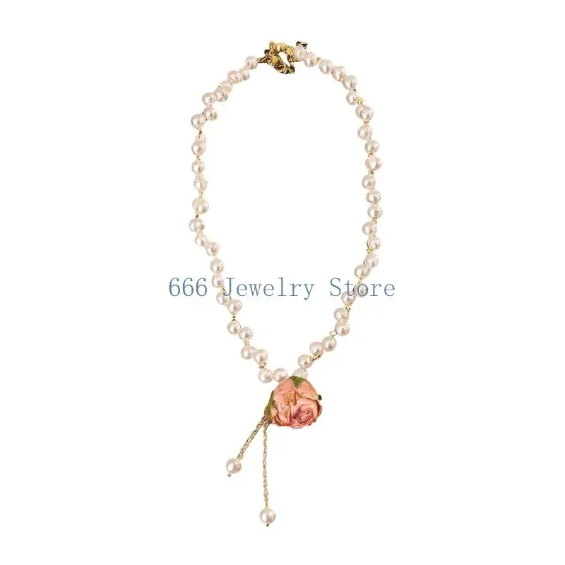 F2TD Pink Floral Necklace Collarbone Length Rose Flower Stylish Neckwear for Daily Styling, Date Night Wear and Gift Giving