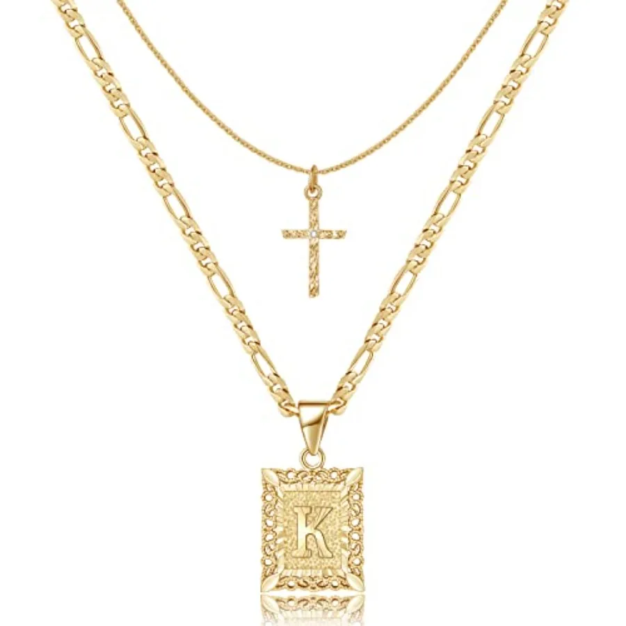 

KELORIS PATH Gold Layered Initial Cross Necklace, 14K Gold Plated Layering Square Letter Pendant Figaro Chain Cross Choker from
