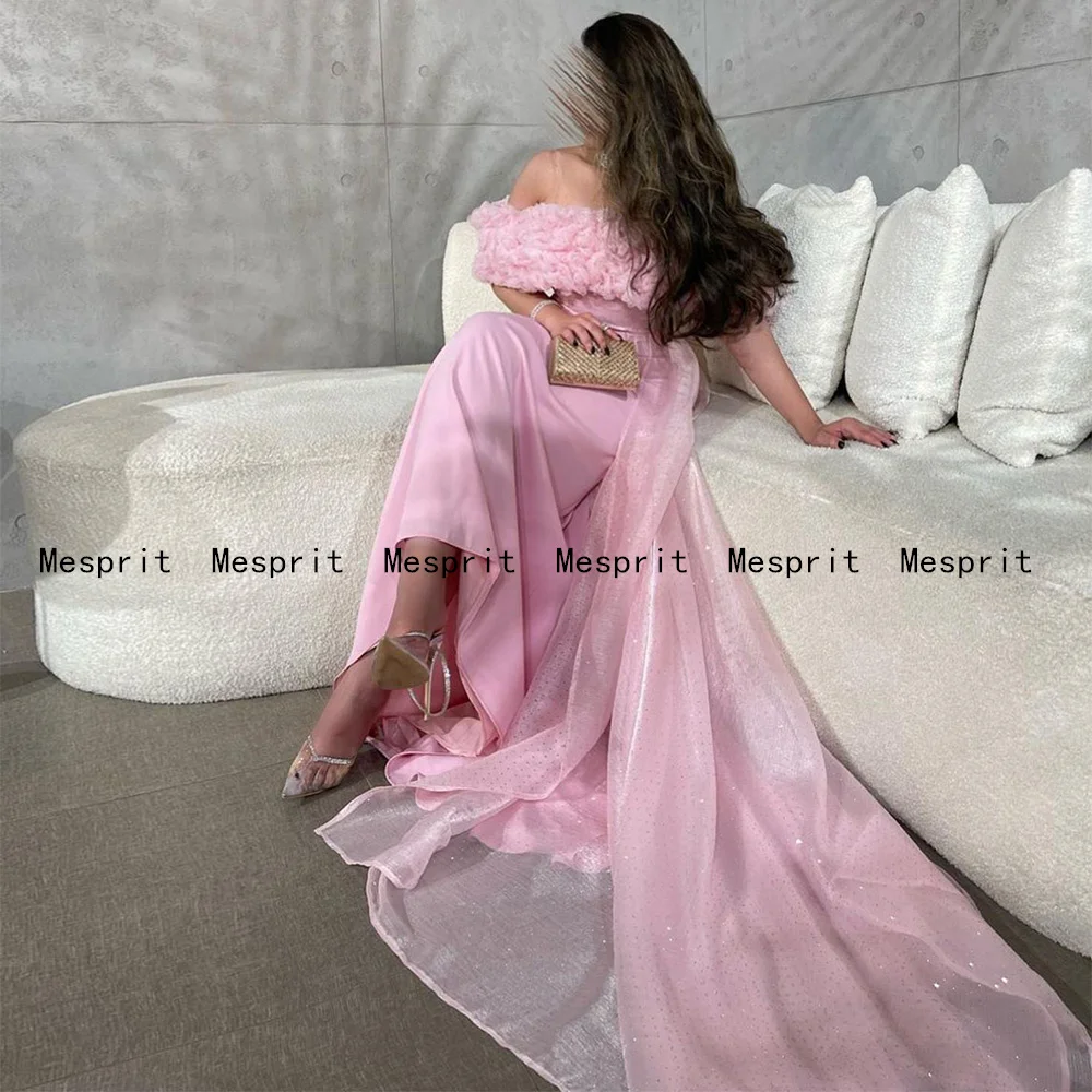 Pale Pink Evening Dress for Woman Boat Neck Rose Flowers with Detachable Train Straight Prom Dresses Formal Party Gown