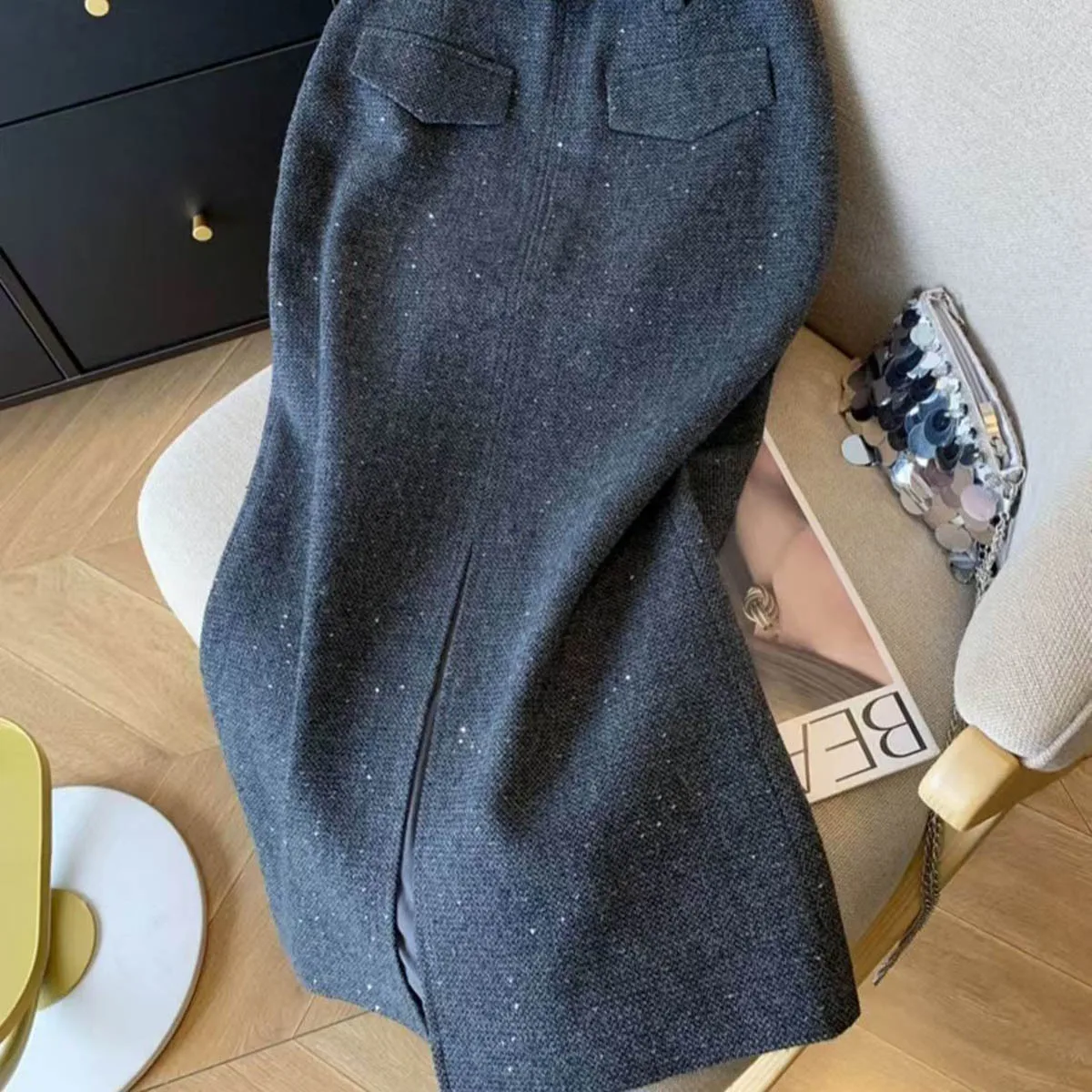Grey Design Sense Sequin Half Skirt for Women Autumn Winter Retro Woolen Split Long Skirts High Slim Slim Midskirts New