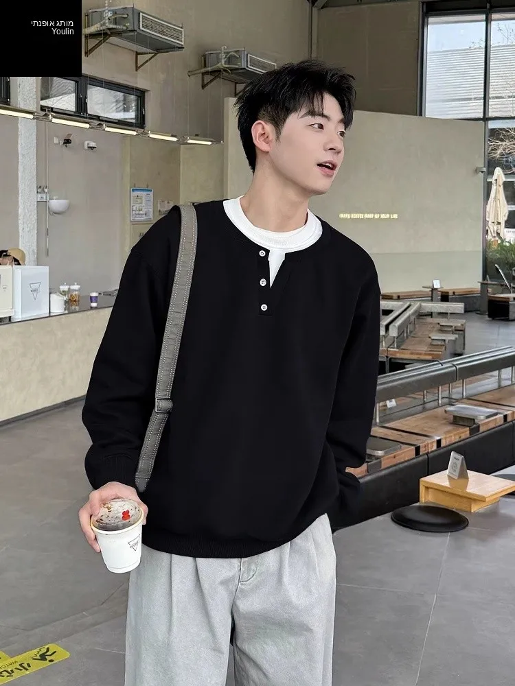 Black Henry Collar Long Sleeve Sweatshirt Men's Spring High-End Feeling Inner Wear Base Shirt Korean Style Top Quality T-shirt