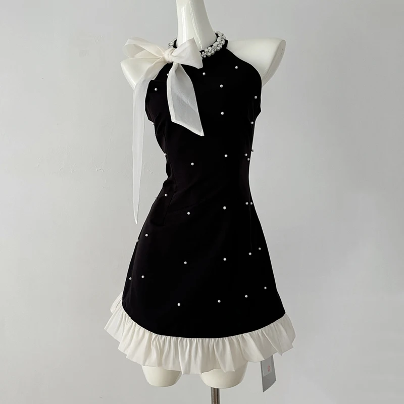 Women'S O-Neck Beaded Color Block Black Mini Skirt Summer Sleeveless Chic Dress