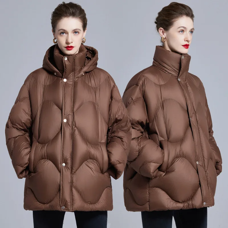 جديد مصمم 90 الأبيض بطة أسفل سترة للمرأة القهوة طويلة سميكة مقنعين فضفاضة معطف دافئ الإناث أبلى الخريف الشتاء 2025