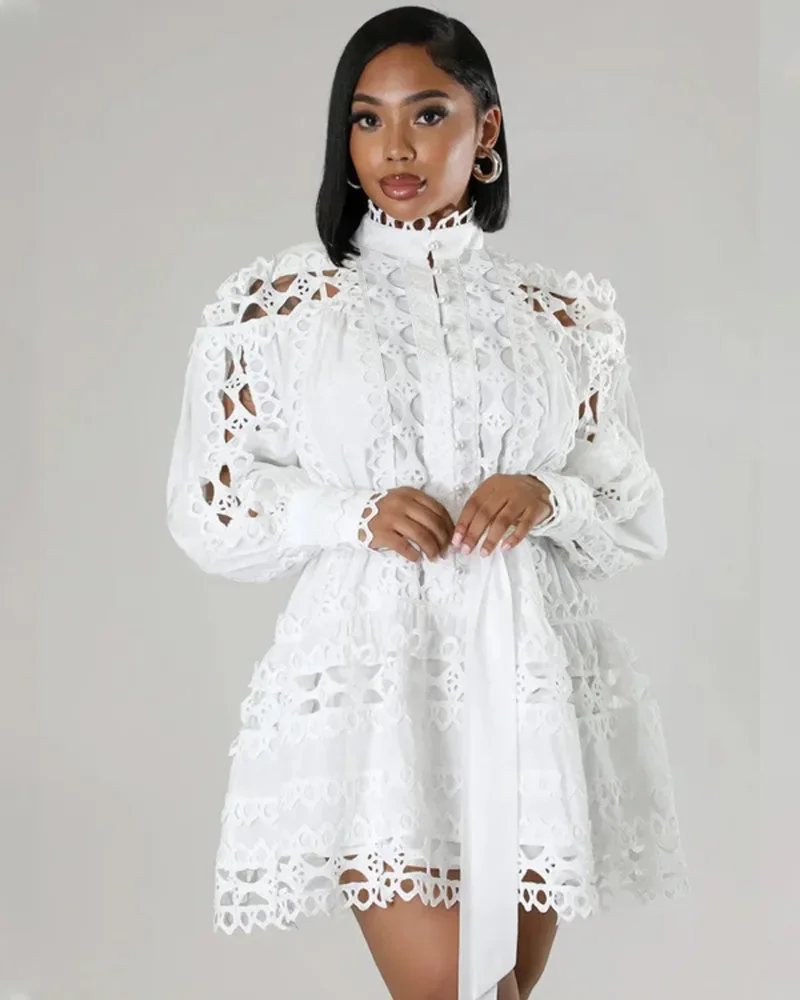 

KEXU Women Long Sleeve Single Breasted Lace Embroidery Babydoll Big Swing Dress White Sexy Club Party Night Dress with Belt