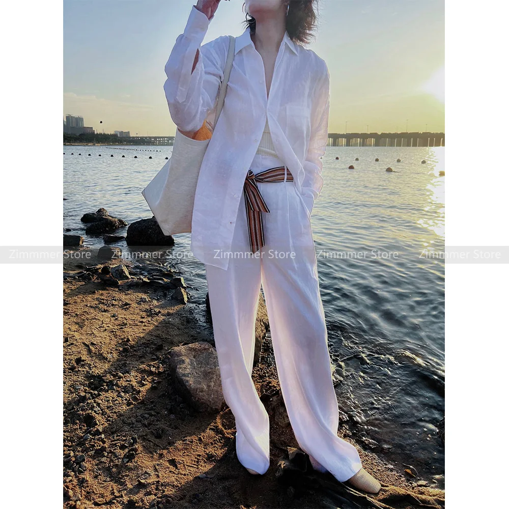 

High Quality! Minimalist lazy holiday style casual versatile loose breathable linen shirt long sleeve top + wide leg trousers