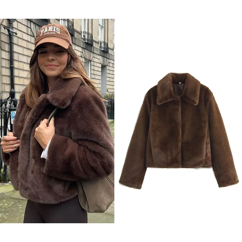 

Женское повседневное укороченное пальто из искусственного меха с боковыми карманами, модная женская зимняя коричневая толстая теплая куртка с лацканами, уличная одежда в стиле ретро