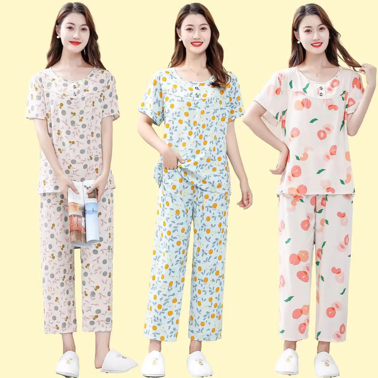 2 Pieces Women Sets Floral Print short-sleeved Shirt And Long Pants Home Wear Mothers Cotton Silk Pajamas Summer women's Sets