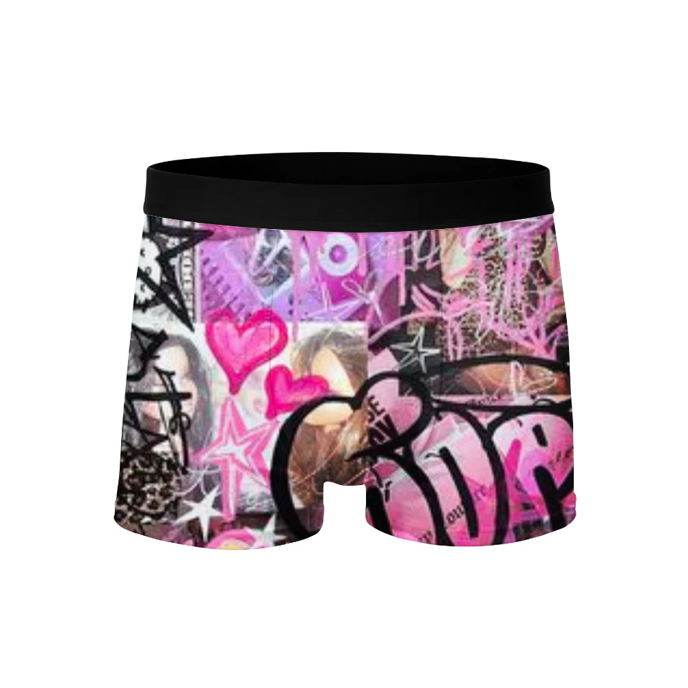 Men's Breathable Boxer Briefs Underwear Solid Color Base with Random Graffiti Hearts Stars Print Long Boxer Style