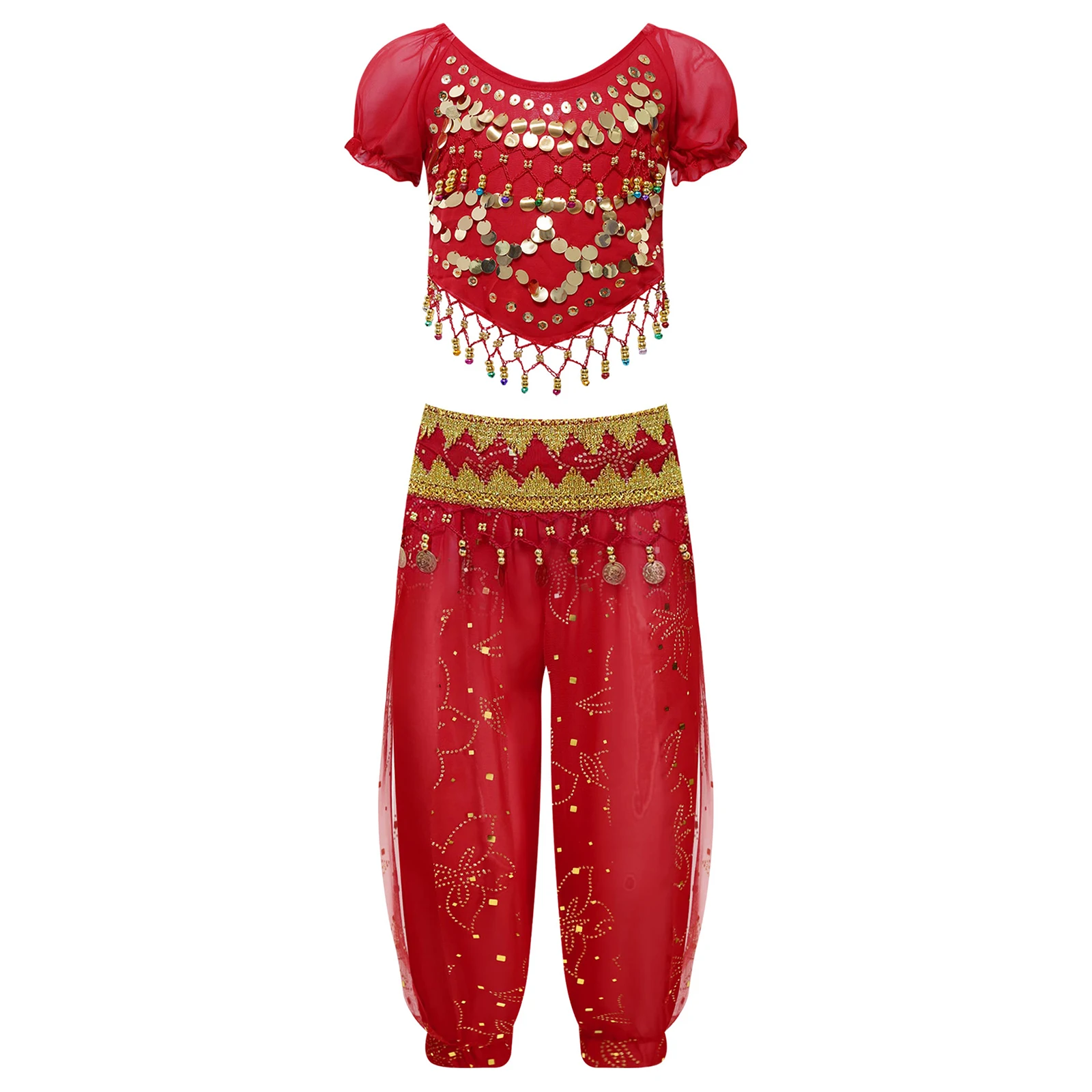 Children Belly Dance Outfits Dancewear Kids Girls Indian Dancing Clothes Costume Sequin Tassels Crop Top Shiny Bloomers Pants