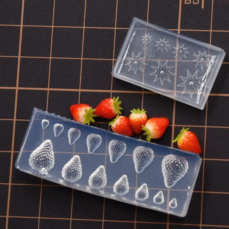 Molde de silicone em miniatura 3d de morango e folha, faça você mesmo, casa de boneca, mini simulação de morango, formação rápida, ferramenta de argila de polímero