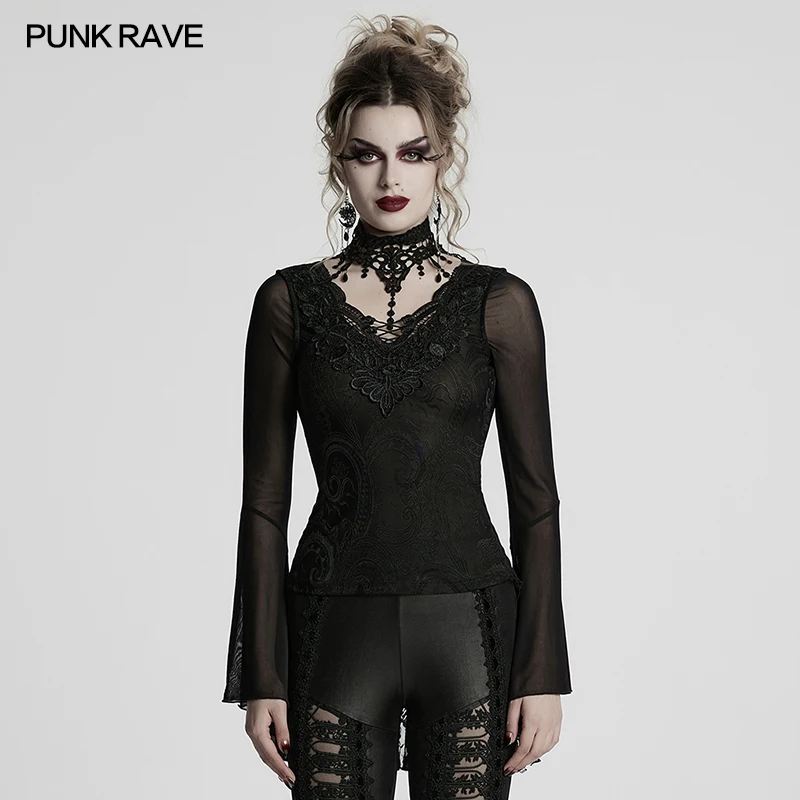 

PUNK RAVE Women's Gothic Exquisite Lace Irregular Cuffs Hem T-shirt Daily Gorgeous Elegant Perspective Sexy Back Club Tops