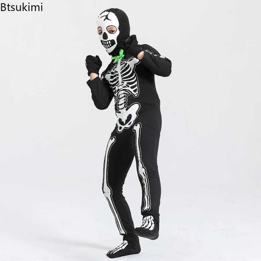 Kids Halloween Skeleton Costume Glow in The Dark Bone Jumpsuit Mask Party Dress Up Scary Outfit for Cosplay Performance Carnival view 4
