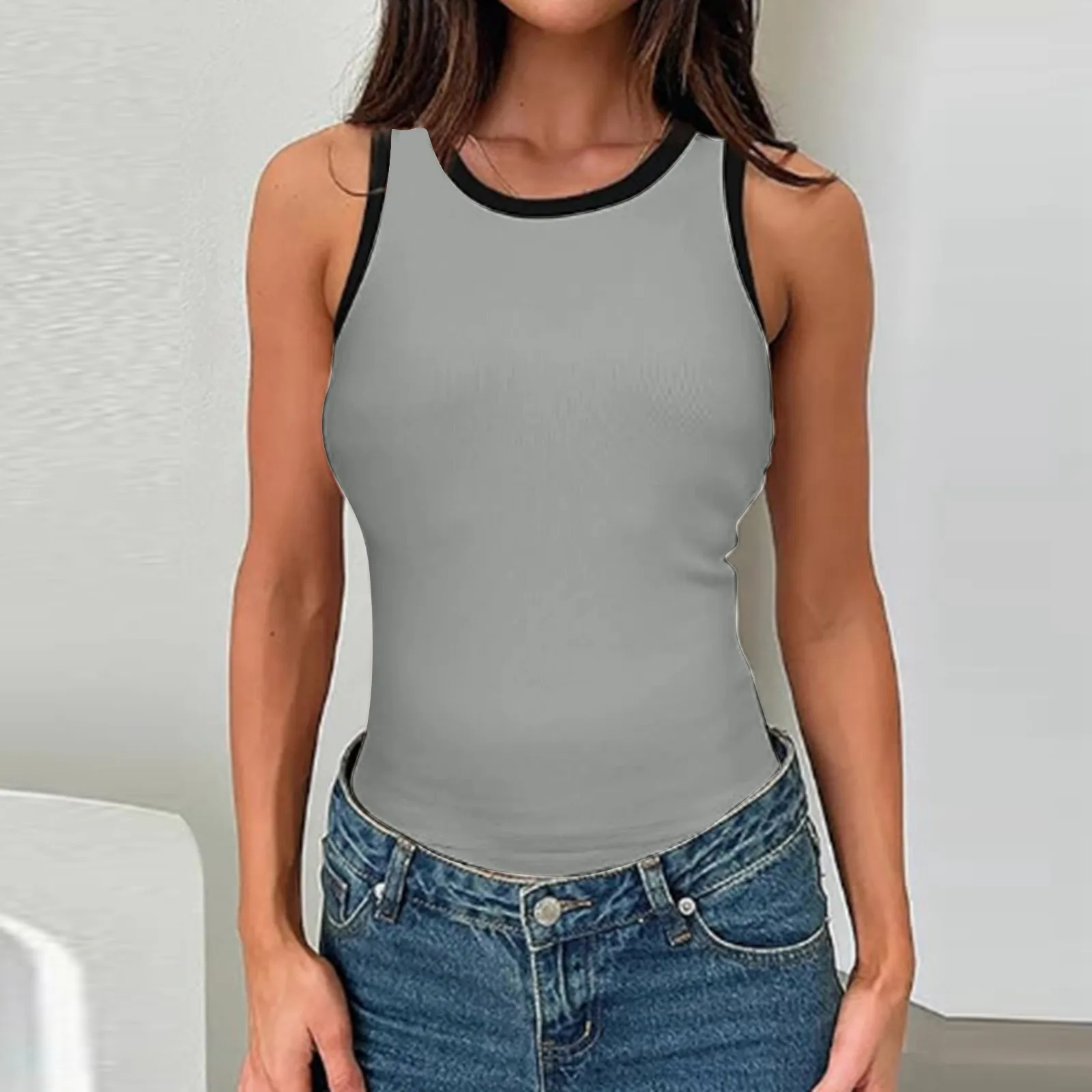 2024 Fashion Contrast Trim Tank Tops For Women Summer Round Neck Sleeveless Off Shoulder Vest Tops Female Casual Slim Fit Tops