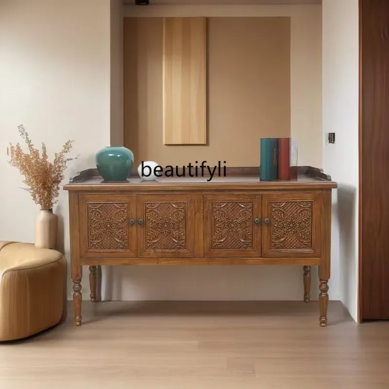 

American solid wood dining side cabinet retro pastoral carved oak porch cabinet antique tea locker