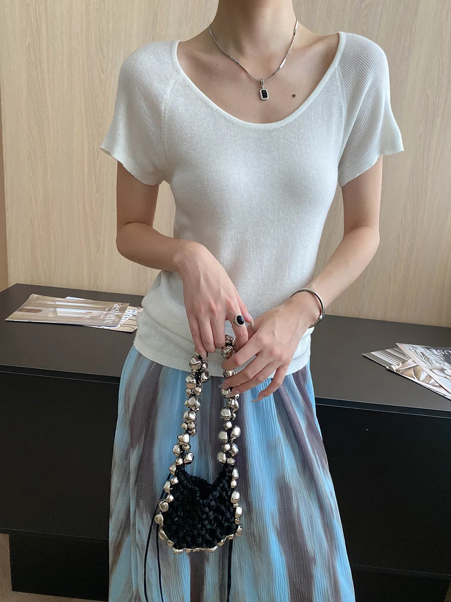 

Spring and summer women's casual solid color round neck short sleeved slim knit T-shirt