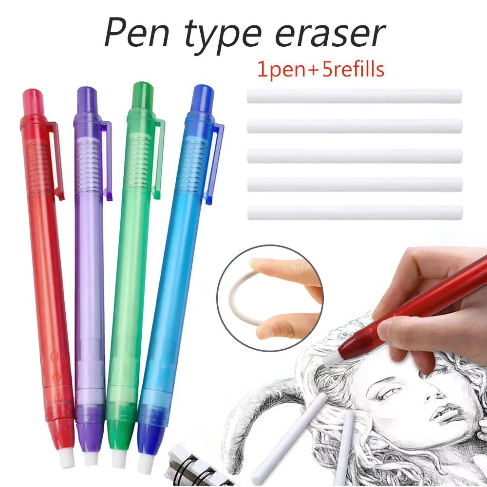 Pen Shape Press Type Pencil Eraser Set with Replaceable Core, for School Sketching Writing Erase Supplies Stationery Accessories
