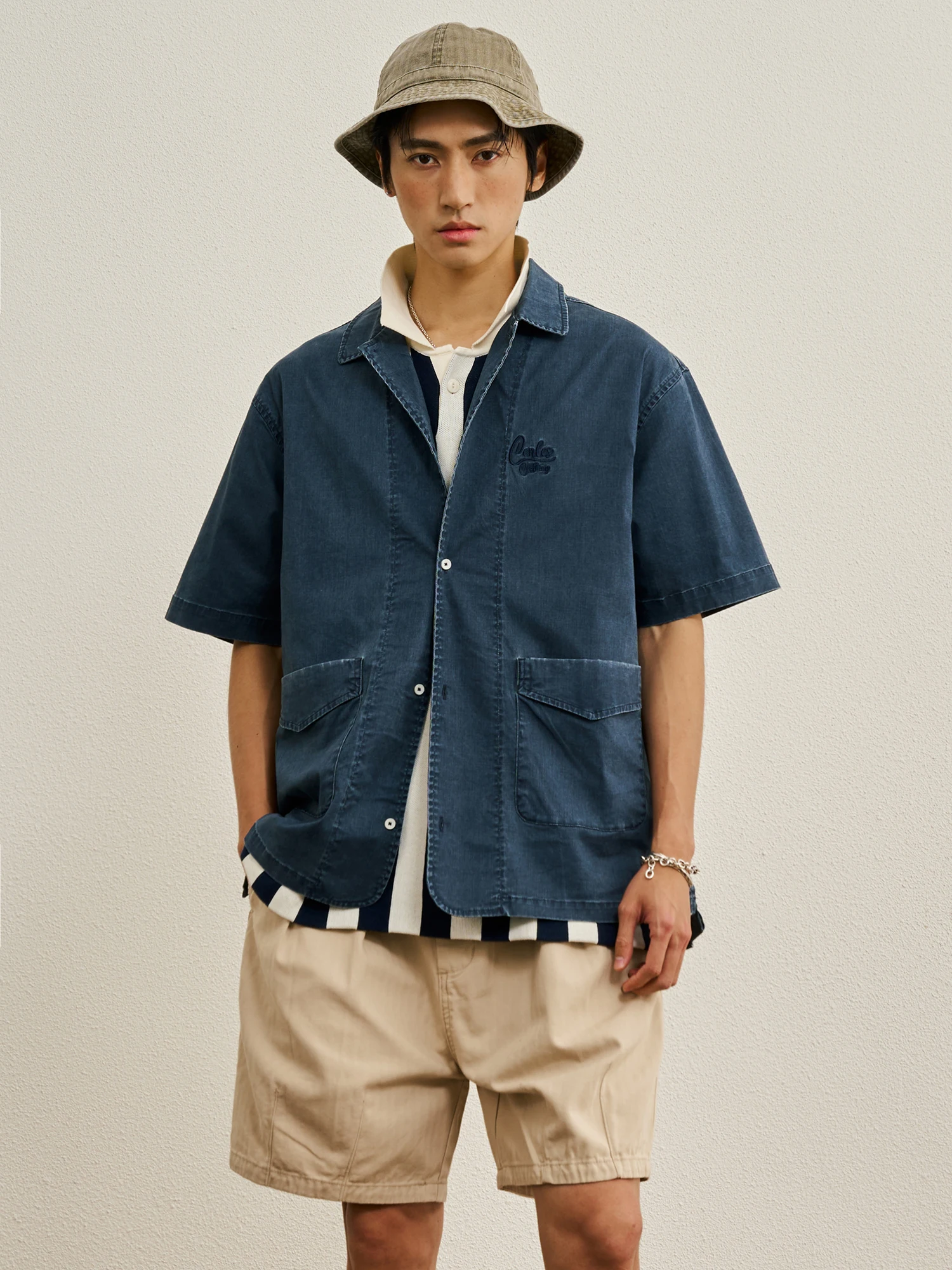 CENLES SS26 Vintage Embroidered Washed Casual Loose Short Sleeve Workwear Shirt Versatile Comfortable Regular Fit Cotton Blend