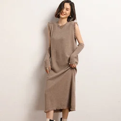 Women Dress 100% Cashmere Sweater Dress Autumn Winter Female O-Neck Sleeveless Knitted Jumper Ladies Mid-calf Long Pullover