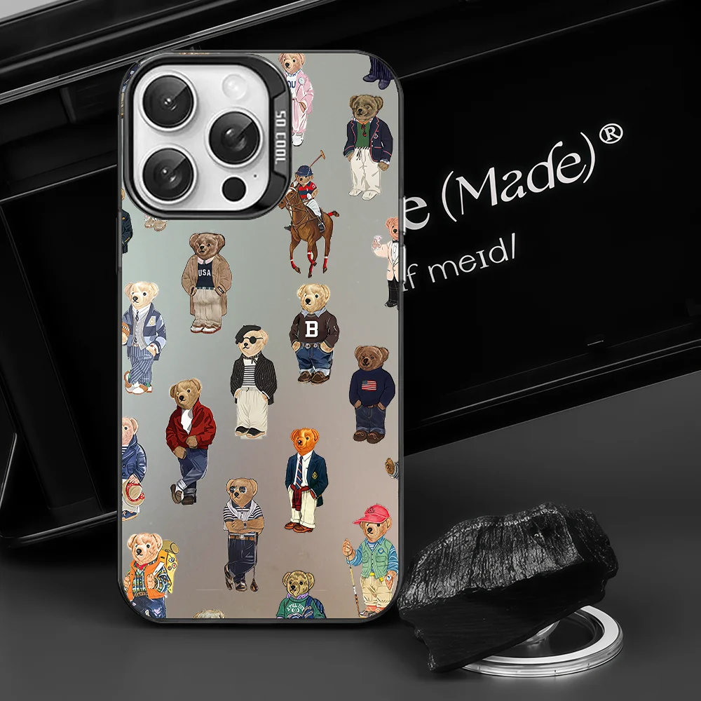 حافظة هاتف P-polo Bear لهاتف آيفون 16 15 14 13 12 11 Pro Max أبيض غير لامع ليزر معدني أورورا فوندا #5