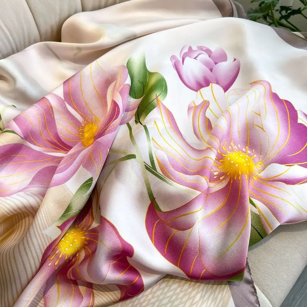 Headkerchief Korean Luxury Silk Scarf Lotus Pattern Printing Chiffon Shawl Wrap Elegant Soft Women Hijab Shawls Lady